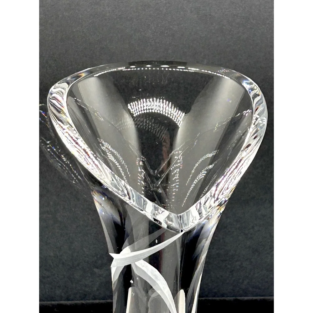 Clear Crystal Flared Vase Frosted Ribbon Etched Tri-Corner Rim 8.5 inch